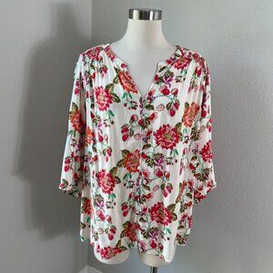 ROSE + OLIVE Womens Plus 1X Floral Blouse V Neck 3/4 Sleeve Tunic Top Shirt